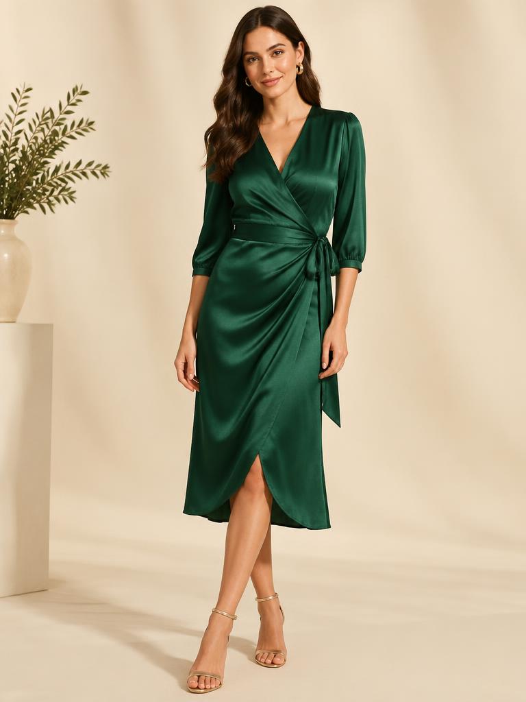 Emerald Satin Wrap Dress